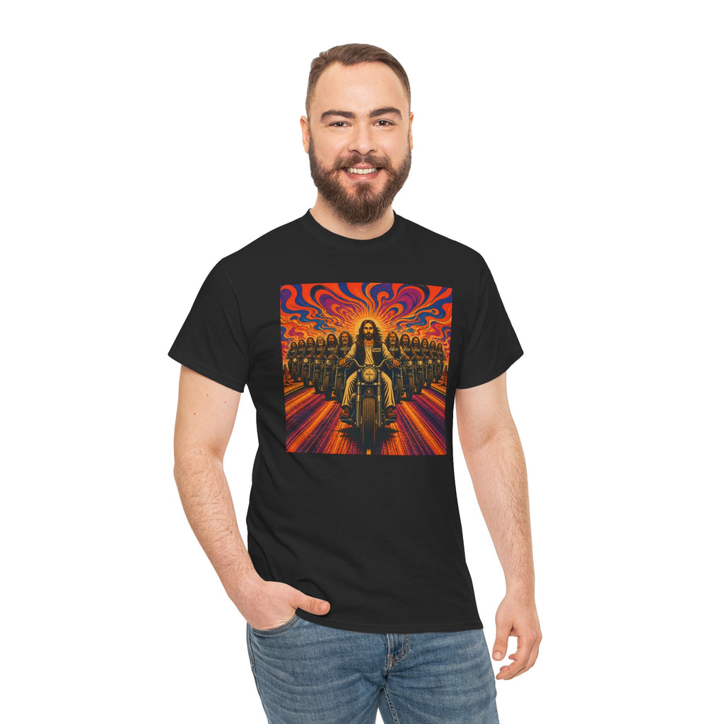 Psychedelic Yashua/Jesus Biker Crew T-Shirt — Retro Jesus Motorcycle Rider Graphic Tee