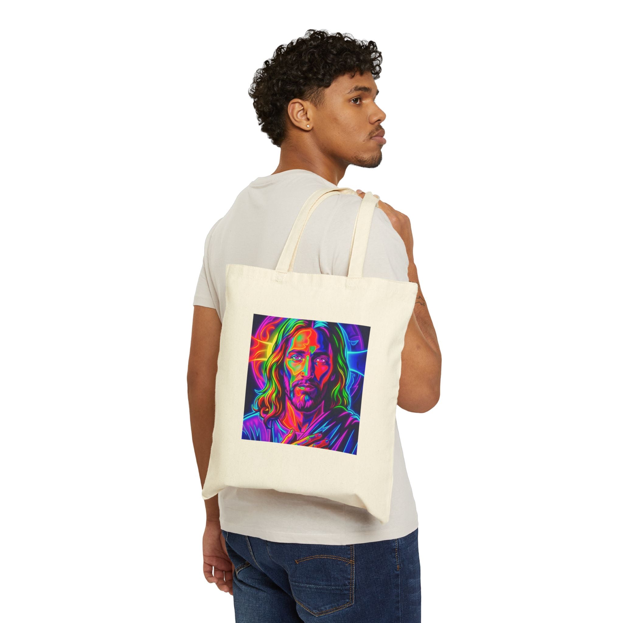 Canvas Tote Bag — Vibrant Neon Jesus Portrait Eco Shopper