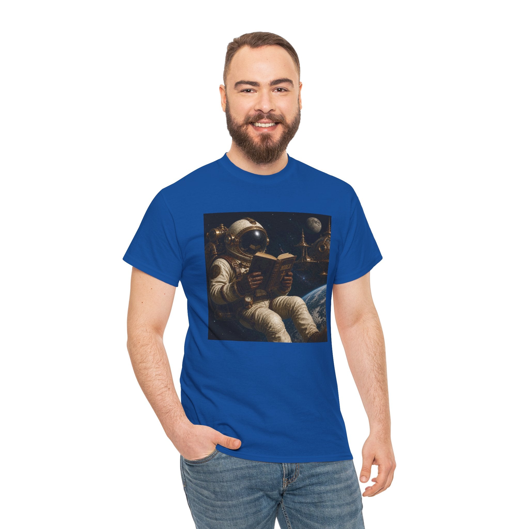 Astronaut Reading Graphic Tee — Spacebook Retro Sci‑Fi T-Shirt - Steampunk