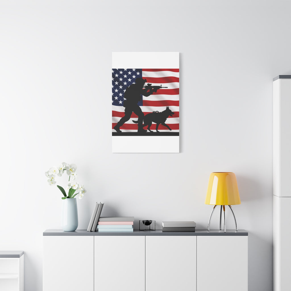 Patriotic Military K9 Canvas Wall Art — Soldier and Dog Silhouette with American Flag