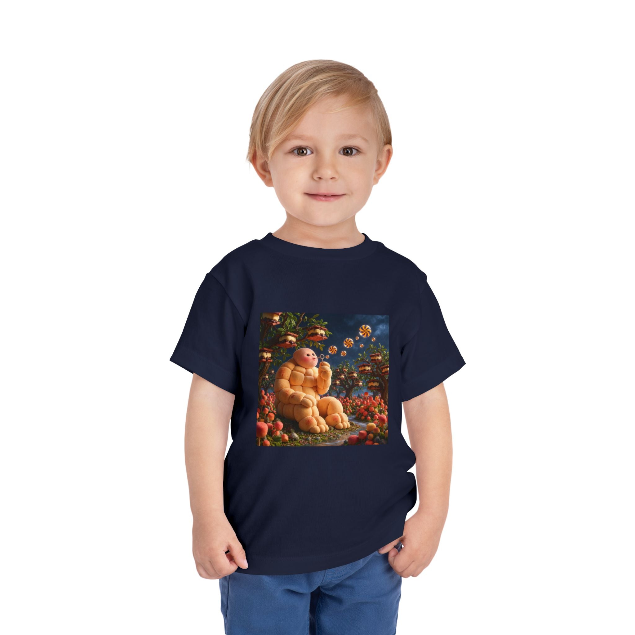 Toddler Tee — Cute Chubby Creature in Flower Garden Kids Shirt-Marshmallow Man