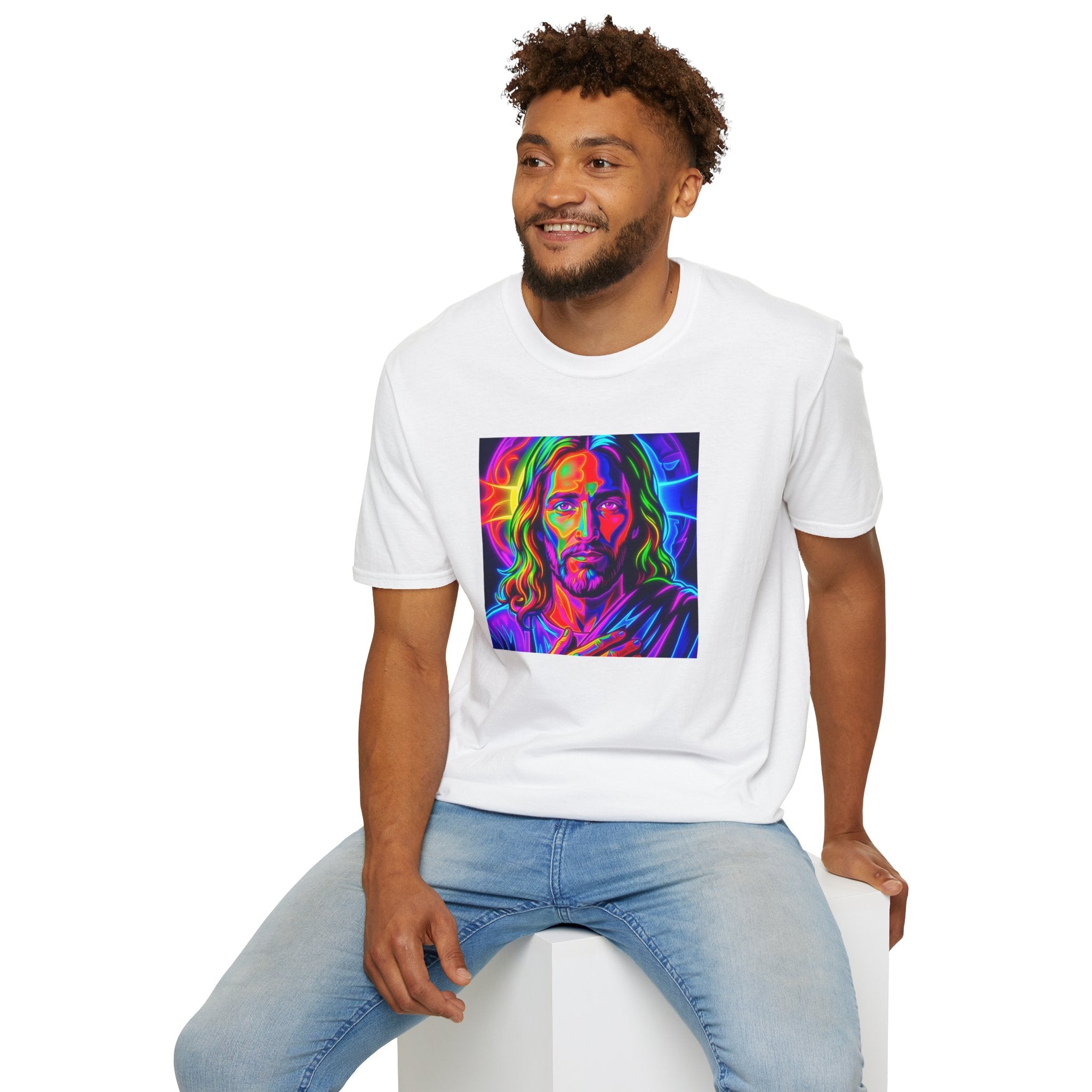Jesus Portrait T-Shirt — Vibrant Neon Christian Art Tee