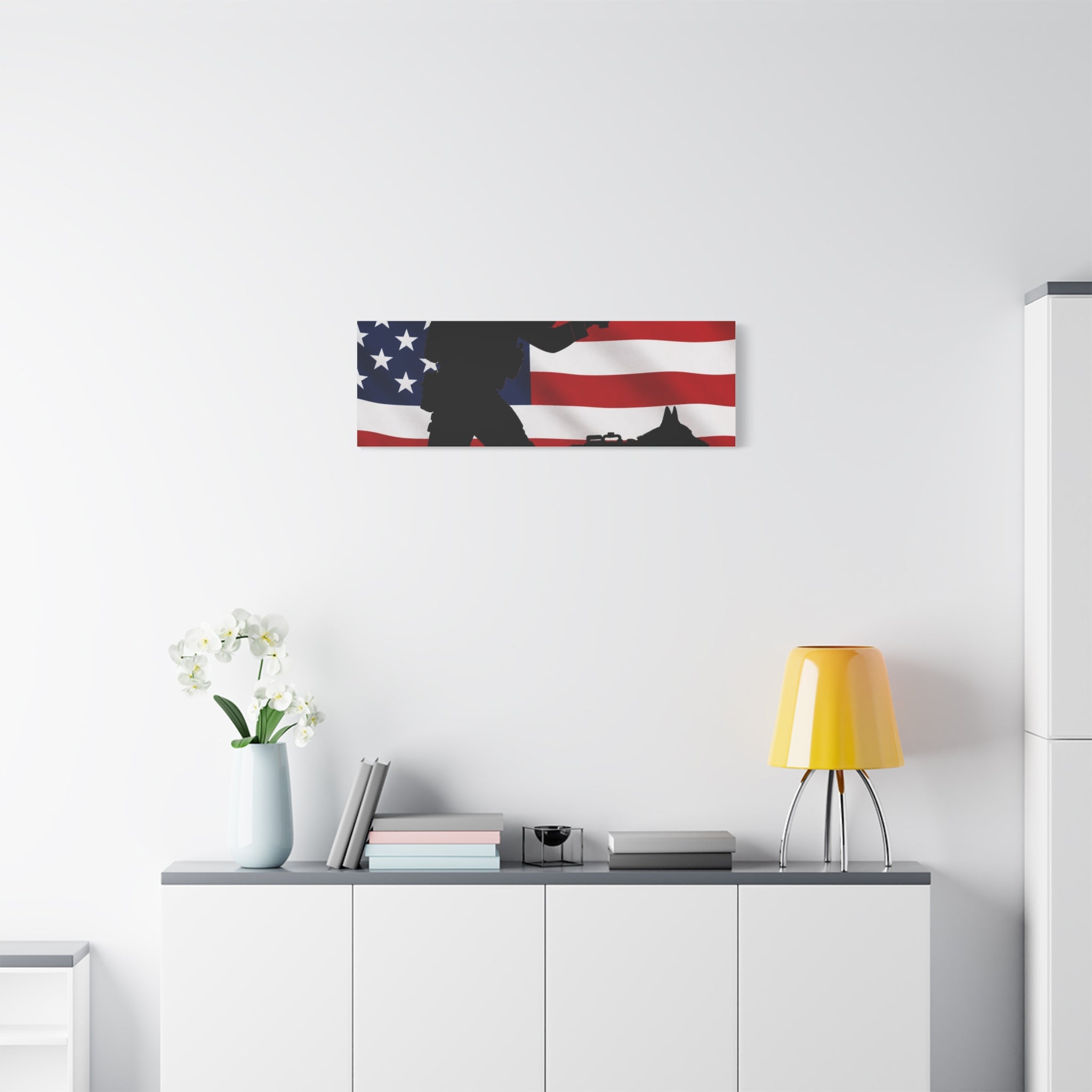 Patriotic Military K9 Canvas Wall Art — Soldier and Dog Silhouette with American Flag